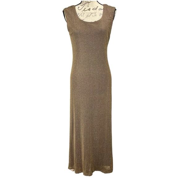 Vintage 90s Gold Glitter Mesh Overlay Maxi Sheath Dress Size 6 / M - Picture 1 of 11